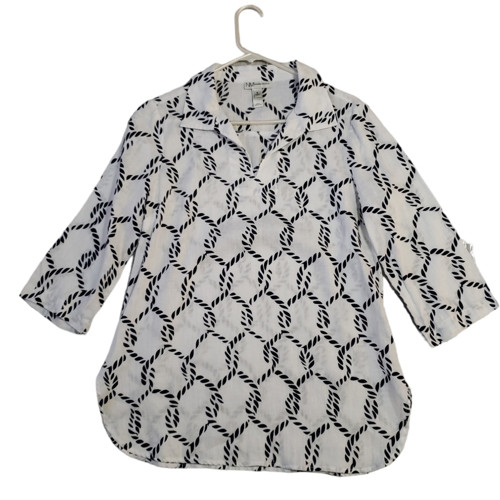 Neiman Marcus White & Blue 100% Linen V Neck Top Shirt, Size S